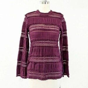 By Timo Sundance Lace Stripe Top, Semi-sheer, Small, Zip Neck, Maroon, EUC